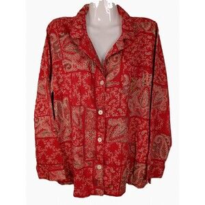 Lauren Ralph Lauren Red Beige Green Paisley Print Button Up Pajama Top Sz. Large